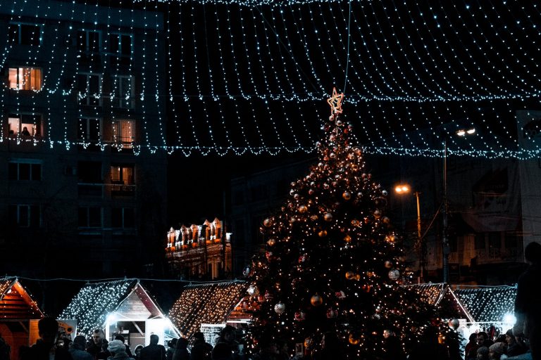 christmas tree with decorations during nighttime