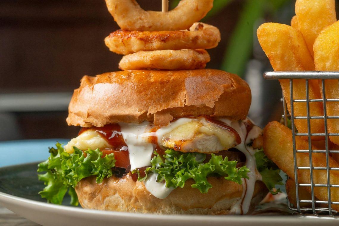 close up of a burger and fries