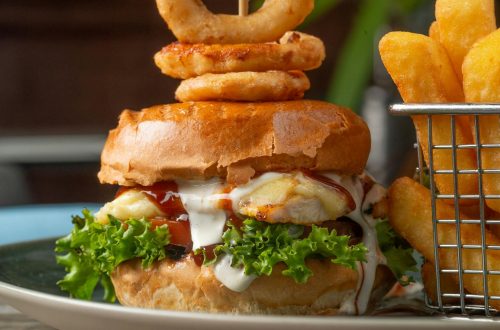 close up of a burger and fries