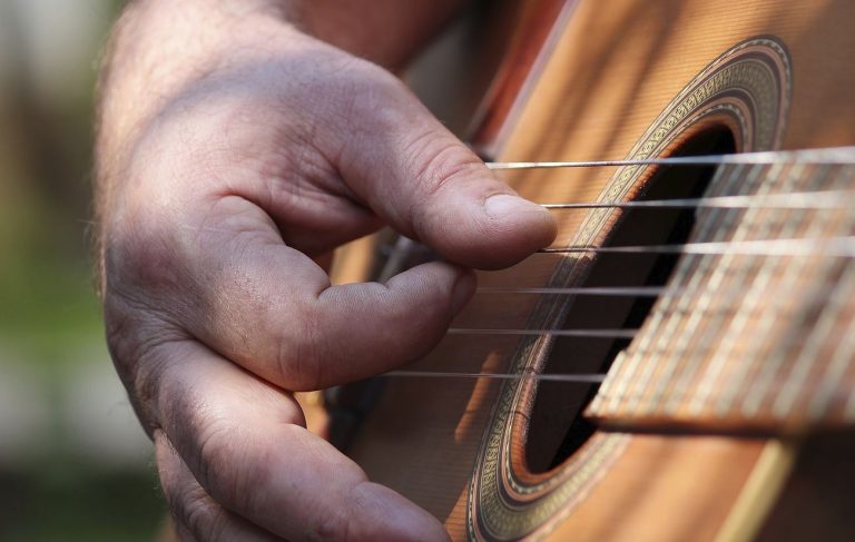 Musician playing guitar, music background